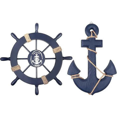 CREA Roue de bateau en bois de 28cm et ancre en bois de 33cm, avec corde, gouvernail de direction nautique, décoration murale, ornement suspendu de porte, 2 paquets