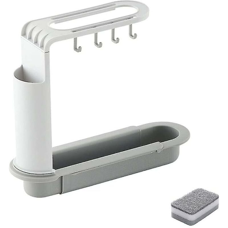 Support de Rangement pour évier télescopique, égouttoir à Vaisselle réglable, Panier de Drainage d'évier de Cuisine avec éponge de Nettoyage (Gris)
