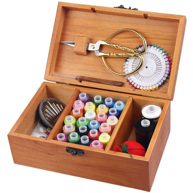 Crea - Wooden Sewing Basket/sewing Box With Sewing Kit Accessories - Box For Organizer With Wooden Storage Basket With Professional Hand