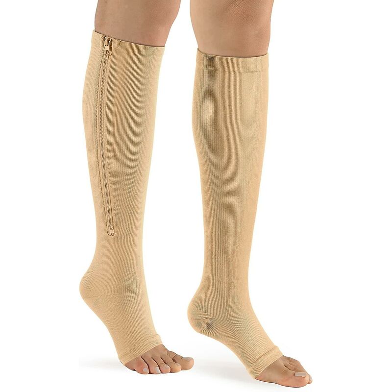 Crea - Zip Compression Socks - 2 Pairs Of Calf And Knee Open Toe Compression Socks (b- Nude, l - Xl)