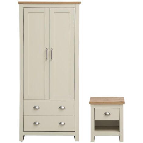 Cream 2 Piece Bedroom Set Wardrobe & Bedside Table Practical Storage Oak Classic