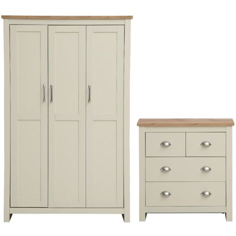 Cream 2 Piece Bedroom Set With 3 Door Wardrobe & 2+2 Chest Drawers Oak Wood