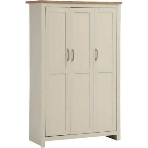 Cream 3 Door Wardrobe With Oak Effect Top Spacious Storage Shelves
