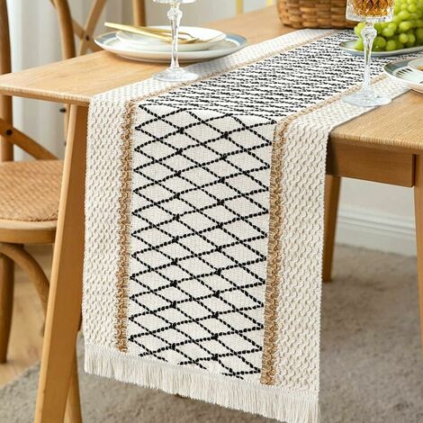 Cream beige macrame table runner with pom poms, handwoven cotton and burlap, rustic dining table runner