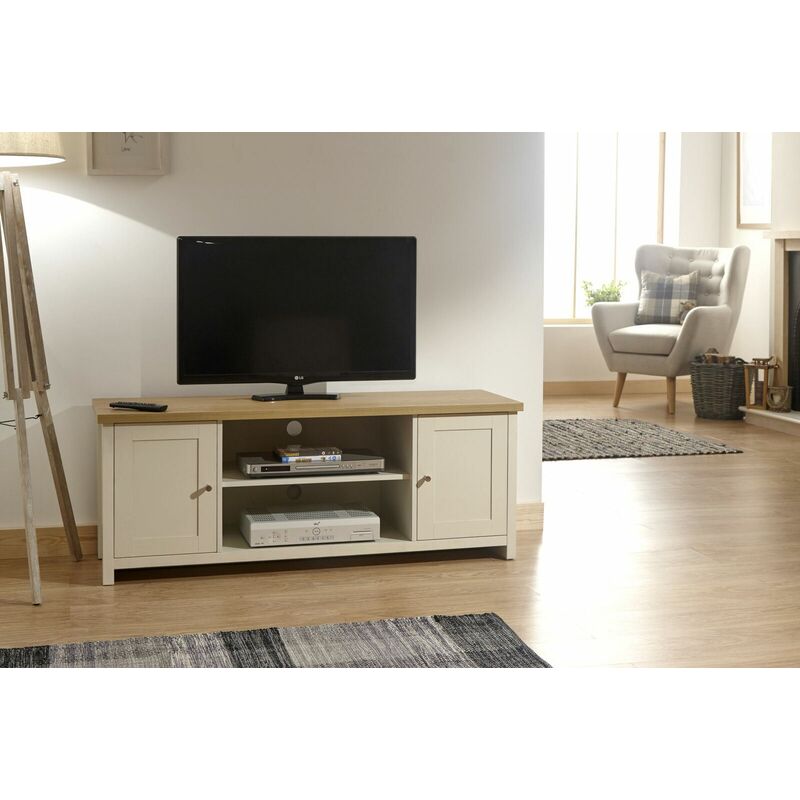 Cream Oak TV Stand Two Tone 2 Door Cabinet Television Unit Open Shelf Cable Tidy