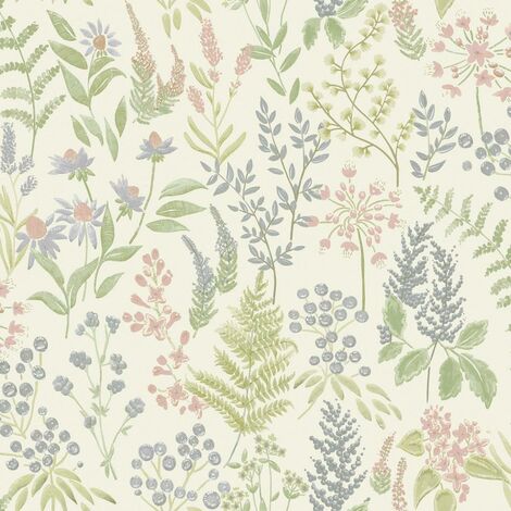 Cream Pink Floral Sprig Wallpaper Holden Flower Natural Yellow Green Botanical
