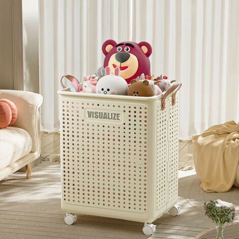 Cream White Large Household Folding Laundry Basket with Wheels