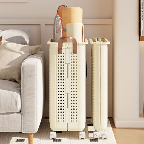 Cream White Medium Household Folding Laundry Basket with Wheels