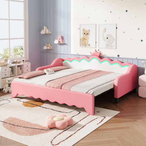 Cream White & Pink 3ft Single Daybed with LED Crown Headboard - Pull-Out Trundle Sofa Bed Frame, PU Leather, Solid Wood Slats for Living Room/Bedroom/Study (No Mattress)