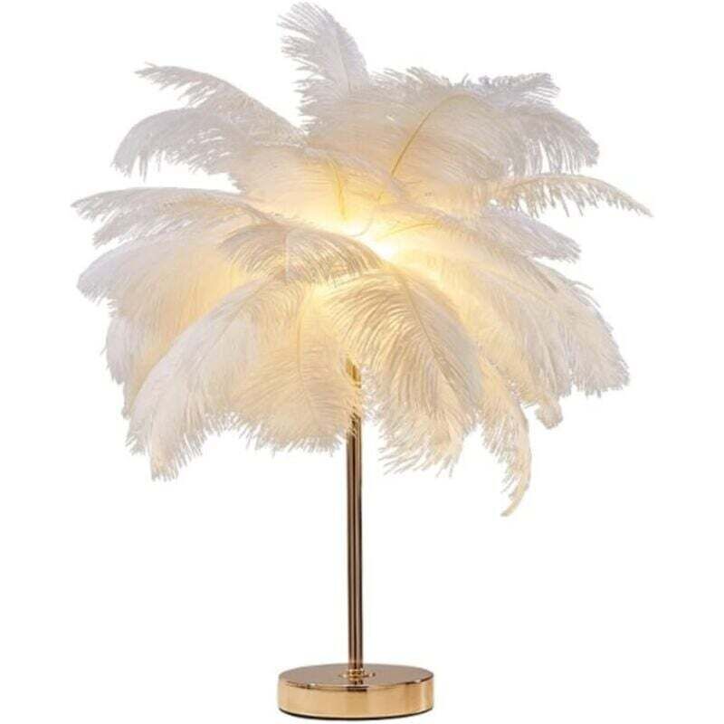 Basetbl – Lampe à poser en plumes d'autruche 50 cm – Abat-jour 40 cm – LED 3W avec 3 modes – Rechargeable, lumière chaude/neutre/blanche