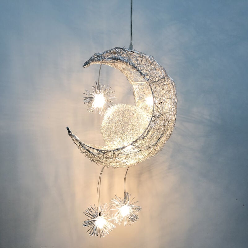 Led Suspension Luminaire Moderne Lustre Lune Étoiles Lumière Plafonnier avec 5 Ampoules Ø32CM Lumière Blanche Chaude - 1Pcs