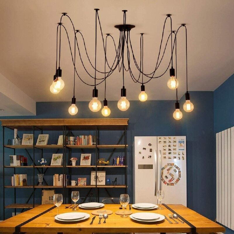Wottes - Creative adjustable E27 pendant light, retro industrial decorative bar cafe kitchen DIY light (10 lamp holders) - Black