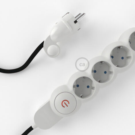 creative cables - Multipresa tedesca con cavo in tessuto nero lucido e spina Schuko con anello comfort