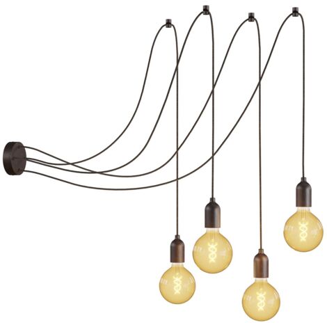 creative cables - Spider - Lampe suspendue multiple avec 4 gouttes Made in Italy complète avec câble textile et garniture en bois