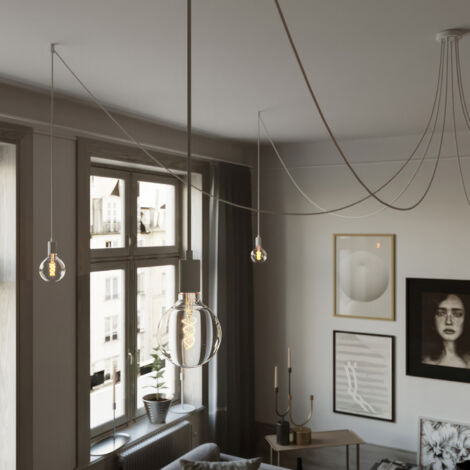 creative cables - Spider - Lampe suspendue multiple avec 6 gouttes Fabriquée en Italie avec câble textile et garniture métallique