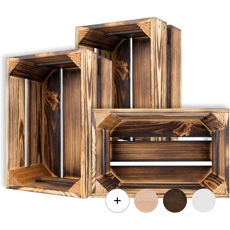 Creative Deco 3 X Flamed Vintage Wooden Storage Crates – 30 X 20 X 15 Cm