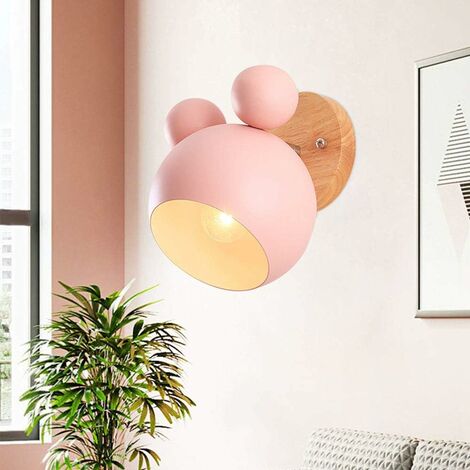 Creative Dessin Animé en Bois Mickey Mouse Applique Murale Nordique Macaron LED Applique Murale pour Enfants Lecture Chambre Éclairage de Chevet E27 Applique Murale (Rose)