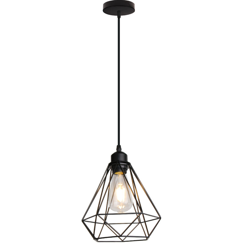 Creative Diamond Pendant Light,Retro Industrial Ceiling Light Vintage Hanging Light 20CM Metal Iron Cage Chandelier Black E27 Bulb