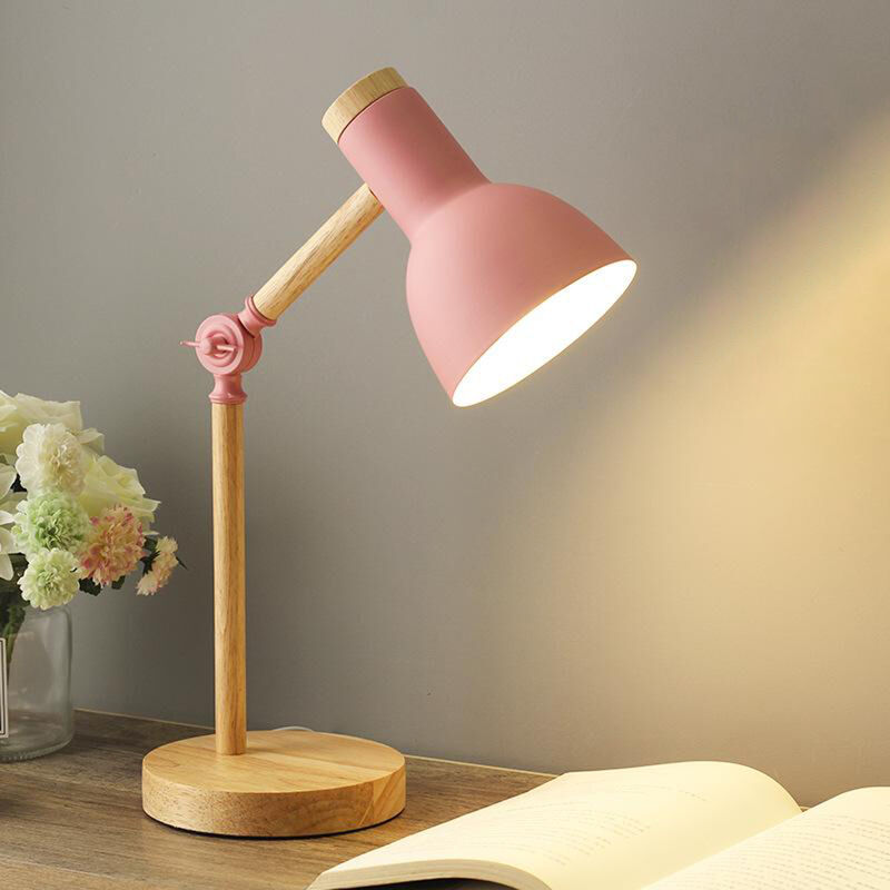 Briday - Creative Nordic Wooden Art Iron LED Folding Simple Desk Lamp Eye Protection Reading Table Lamp Living Room Bedroom Home Decor Pink- white