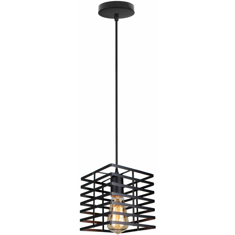 Creative Pendant Light Metal Square Hanging Ceiling Lamp Black Retro Industrial Chandelier with Cage for Kitchen Island Restaurant (Black)