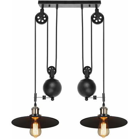 AXHUP Creative Pendant Light Vintage Industrial Hanging Ceiling Lamp Retro Rise and Fall Chandelier 2 Lights with Metal Dome Lampshade E27 (Black)