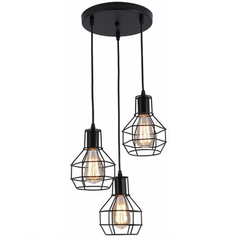 Creative Pendant Lighting Fitting 3 Lights Spiral Vintage Industrial Grenade Shape Hanging Ceiling Lamp Retro Metal Chandelier with Wire Cage fo