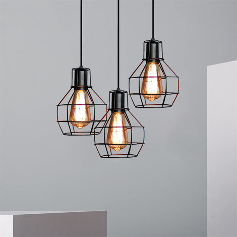 Creative Pendant Lighting Fitting 3 Lights Spiral Vintage Industrial Grenade Shape Hanging Ceiling Lamp Retro Metal Chandelier with Wire Cage fo Kitchen Island Black - Round Base
