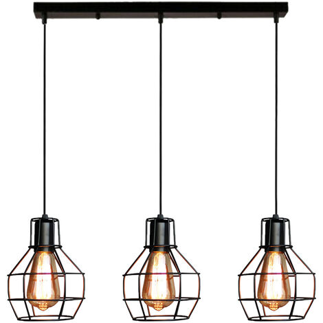 Creative Pendant Lighting Fitting 3 Lights Vintage Industrial Grenade Shape Hanging Ceiling Lamp Retro Metal Chandelier with Wire Cage fo Kitchen Island (Black)