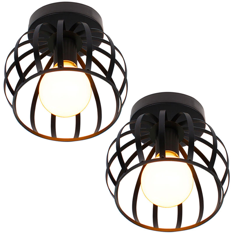 Creative Round Ceiling Light Retro Industrial Chandelier Vintage Cage Ceiling Lamp for Bedroom Cafe Bar E27(Black,2 piece)