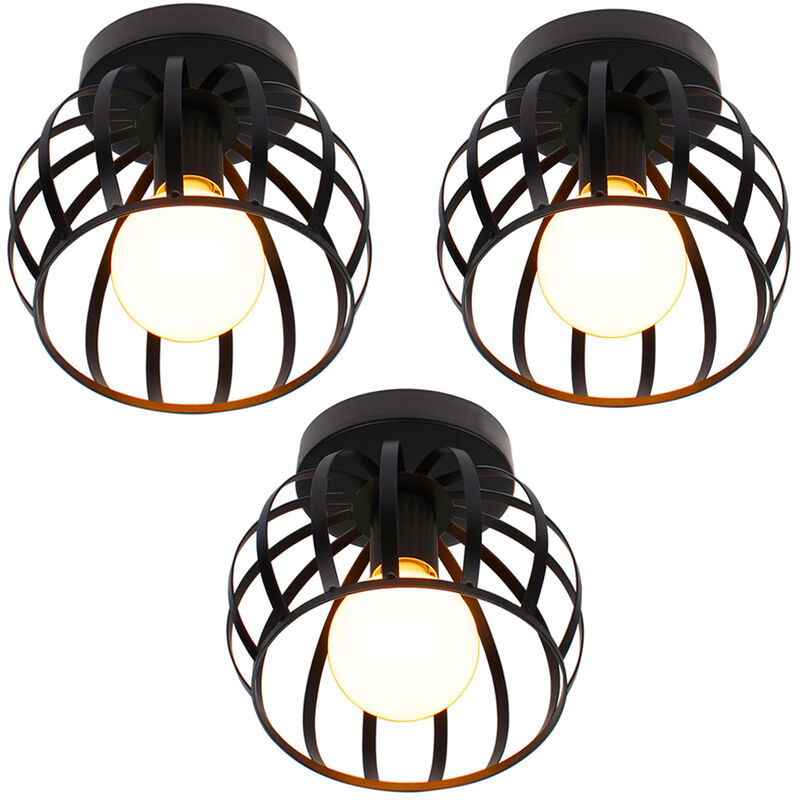 Creative Round Ceiling Light Retro Industrial Chandelier Vintage Cage Ceiling Lamp for Bedroom Cafe Bar E27(Black,3 piece)