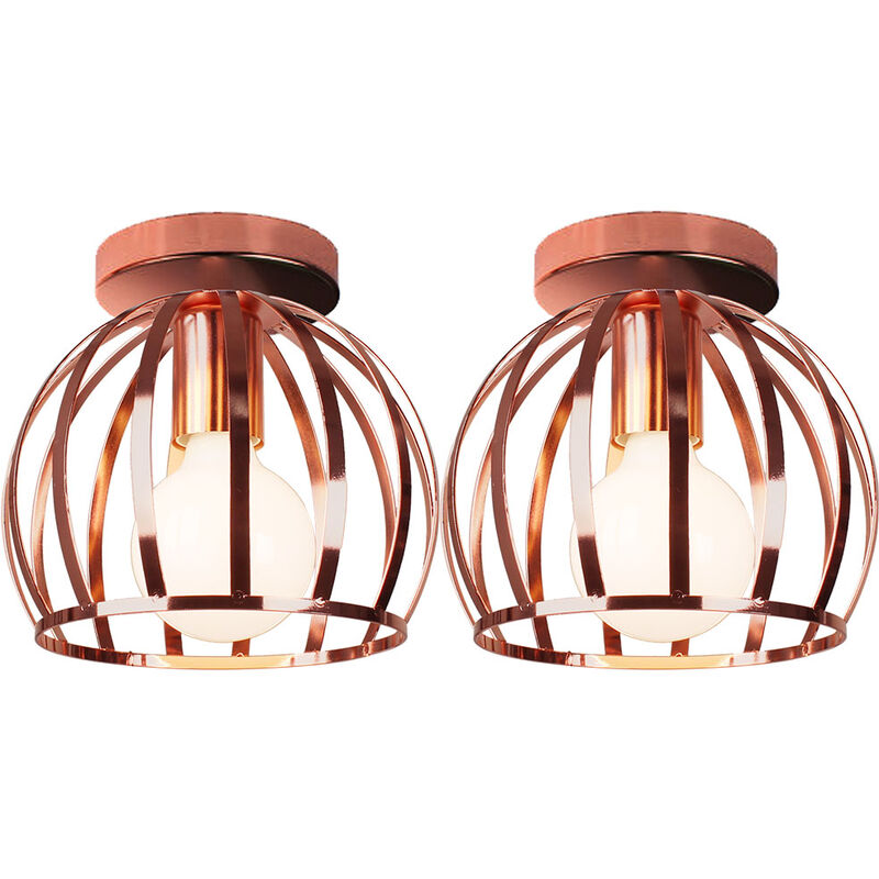 Creative Round Ceiling Light Retro Industrial Chandelier Vintage Cage Ceiling Lamp for Bedroom Cafe Bar E27(Rose Gold,2 piece)