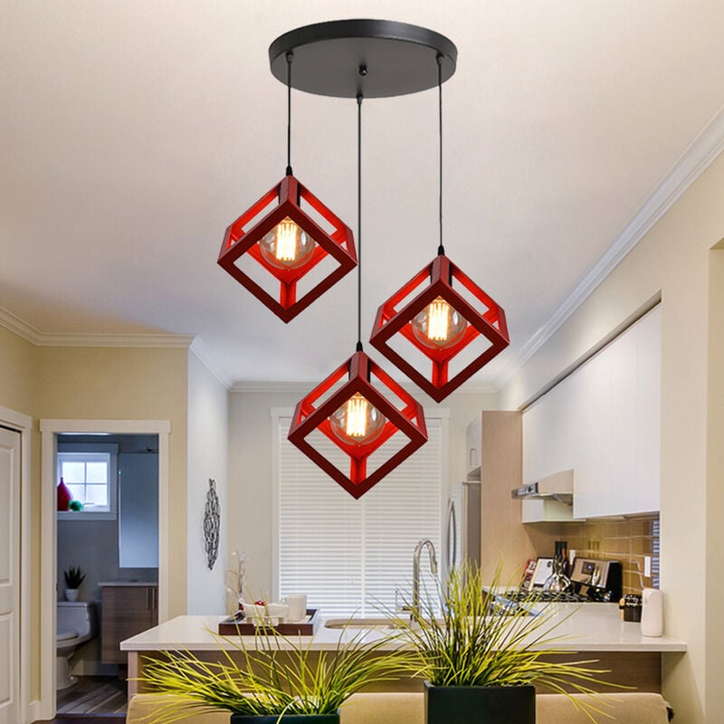 Modern Pendant Light 3 Lights Spiral Creative Geometric Square Hanging Ceiling Lamp Metal Chandelier Fixture with Cube Cage for Kitchen Island (Red)