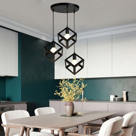 AXHUP Creative Square Pendant Light Modern 3 Lights Spiral Metal Geometric Hanging Ceiling Lamp Cube Cage Chandelier Fixture (Black)