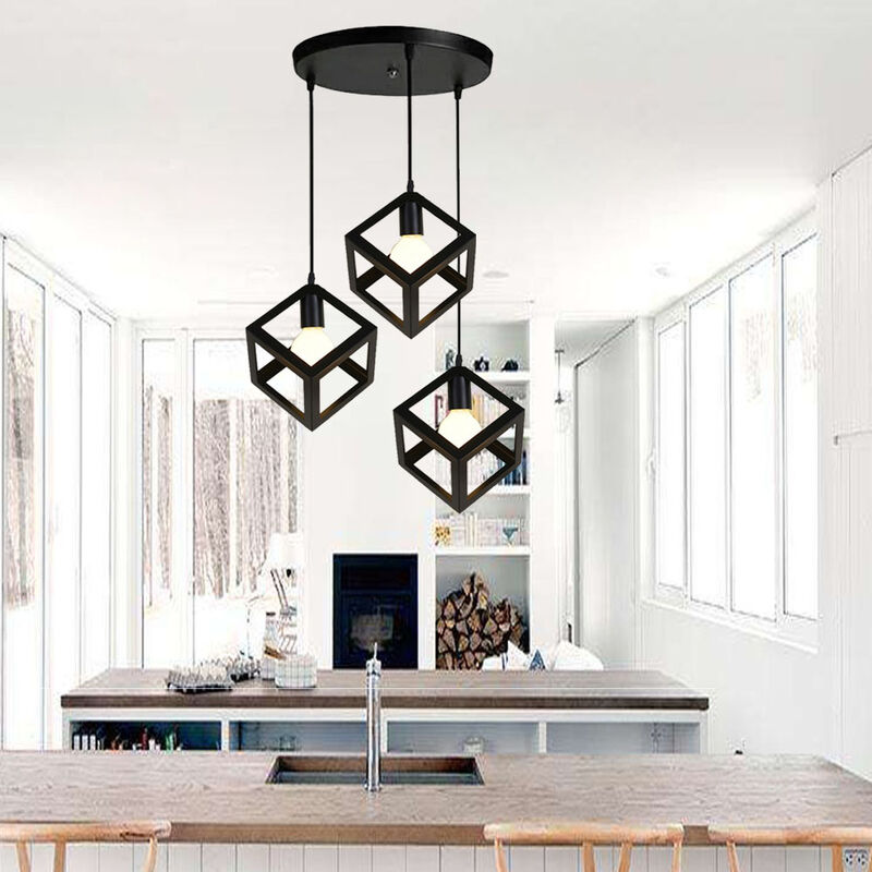Vintage Pendant Light Fixture 3 Lights Spiral Geometric Square Chandelier Industrial Hanging Ceiling Lamp with Cube Cage for Kitchen Island (Black)