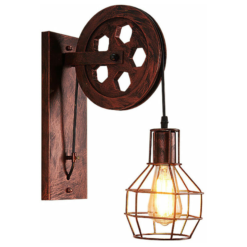 Axhup - Creative Wall Light Fixture Retro Pulley Wall Lamp Vintage Industrial Wall Sconce E27 Red Rust