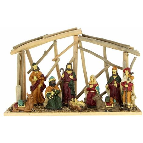 Crèche de Noël 10 santons en résine L.47cm - Marron - SILUMEN