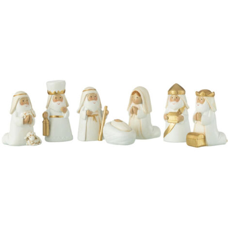 Crèche de Noël 7 Santons "Scène Nativité" 6cm Blanc & Or