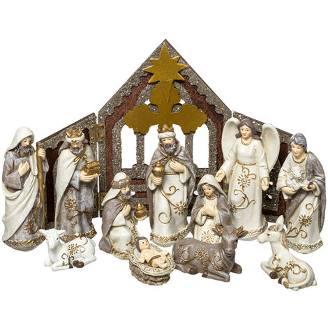 Crèche de Noël en bois avec 11 Santons L 18 x H 25 cm - Feeric Christmas - Crèche et 11 santons