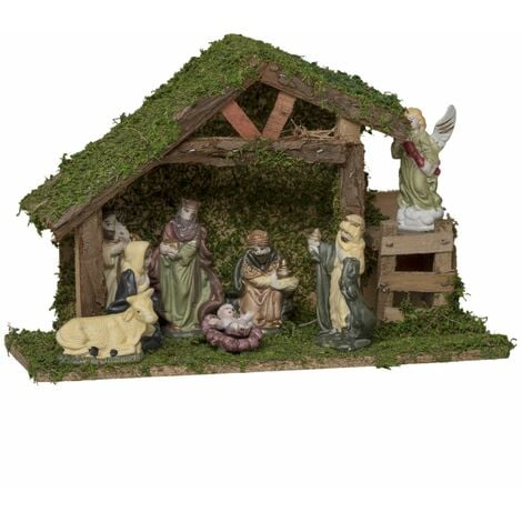 Crèche de Noël en bois et ses 8 santons en porcelaine - Hauteur 20,5 Profondeur 12,5 x Longueur 31,5 cm - Marron