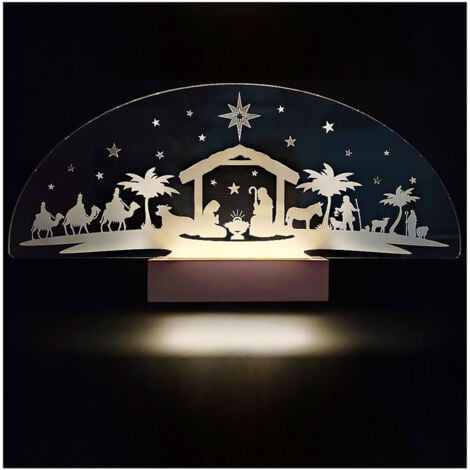ADZIF.BIZ LE STICKER DE DECORATION Crèche de Noël lumineuse LED – Scène panoramique 3D de la Nativité – Plexiglas 5 mm sur socle bois – 40 x 19 cm – Fabrication artisanale française