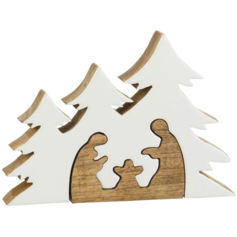 Crèche de Noël & Sapins "Puzzle" 25cm Blanc & Naturel