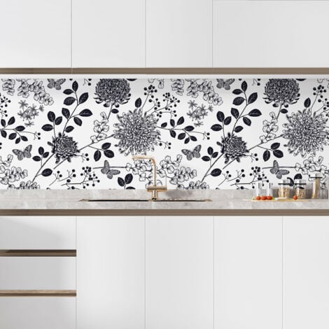 Crédence adhésive cuisine - Fleurs papillons - 65x97,5 cm - Adhésif + Protection BRILLANTE