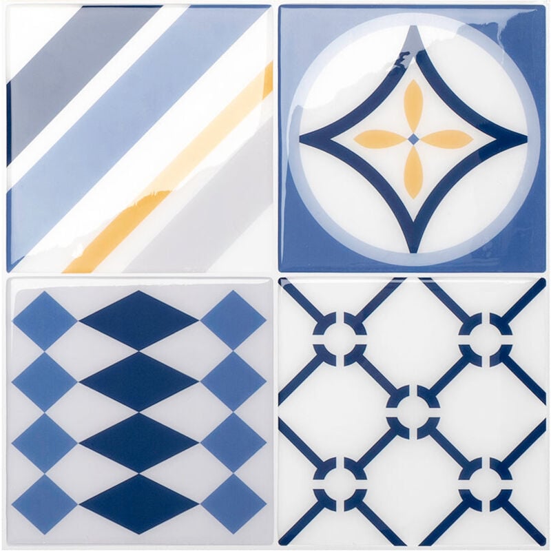 Crédence Adhésive, Effet Carrelage Mural Multicouleur x4, 22.86 x 22.86 Smart Tiles Vintage Azur - Sticker pour Cuisine et Salle de Bain