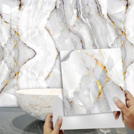 Credence Adhesive for Kitchen 30X30 Golden Marble Kitchen Stickers Kitchen Wall Stickers Adhesive Wall Tiles Bathroom Stickers PVC Tile Adhesive Wall （10 Pieces）