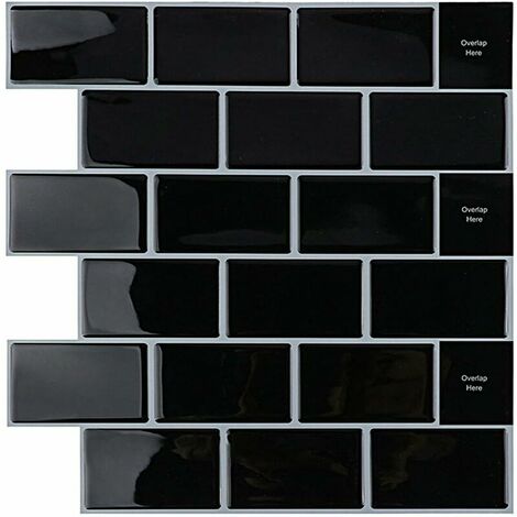 Credence Adhesive pour Cuisine Salle de Bain, Faux Carrelage Adhesif Mural Blanc Credence Cuisine Adhesive, ImperméAble Metro 3D Dalle PVC Adhesive Murale, 4 Pièces (Noir, 4 Sheets)