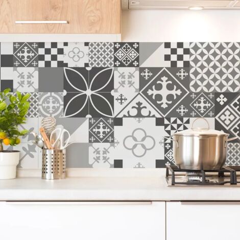 Crédence cuisine en aluminium - effet carreaux de ciment gris - 360x50 cm (en 3 bandeaux)