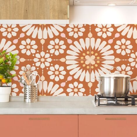 Crédence cuisine en aluminium - effet carreaux de ciment orange - 240x50 cm (en 2 bandeaux)