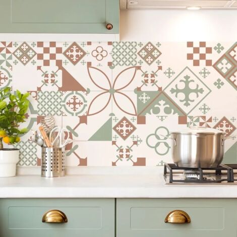 Crédence cuisine en aluminium - effet carreaux de ciment vert terracotta - 360x50 cm (en 3 bandeaux)
