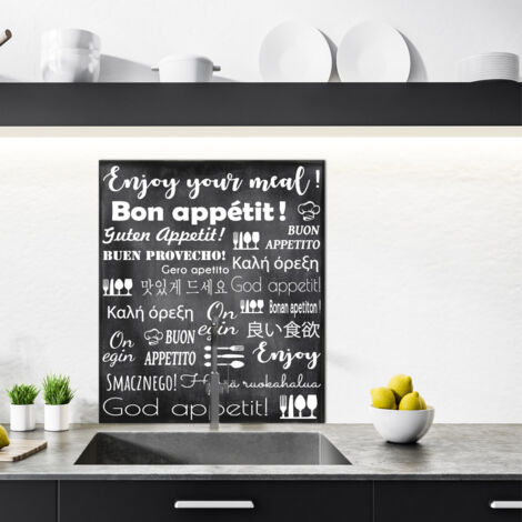 Crédence cuisine en aluminium - Pose autocollante ENJOY Noir et blanc Bon appétit en plusieurs langues - 60 x 70 cm – Idéal fond de hotte