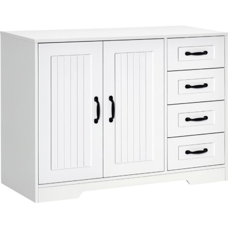 Crédence de commode de buffet, style moderne, 4 tiroirs, 1 armoire, 105 cm x 40 cm x 76 cm, blanc